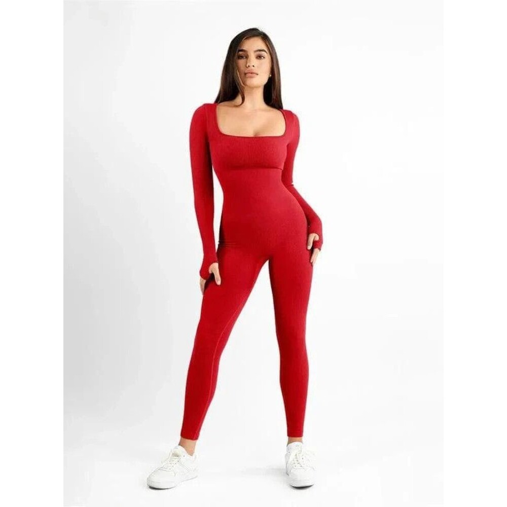 OQQ Size MEDIUM Ribbed Women Jumpsuit Red One-Piece Slimming Long Sleeve NEW